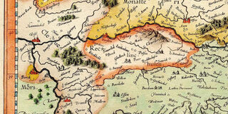 Ausschnitt aus Mercators Westfalen-Karte mit Duisburg und den Rheinzuflüssen Ruhr, Emscher und Lippe.