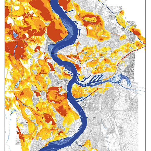 Eine Karte, die Hochwasserrisikogebiete bei einem HQ100 ausweist