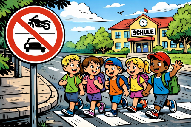 Eine Comic-artige Zeichnung von Kindern, die vor einer Schule die Straße überqueren. Im Vordergrund ist ein Verkehrsschild zu sehen, welches die Durchfahrt für Autos und Motorräder verbietet.