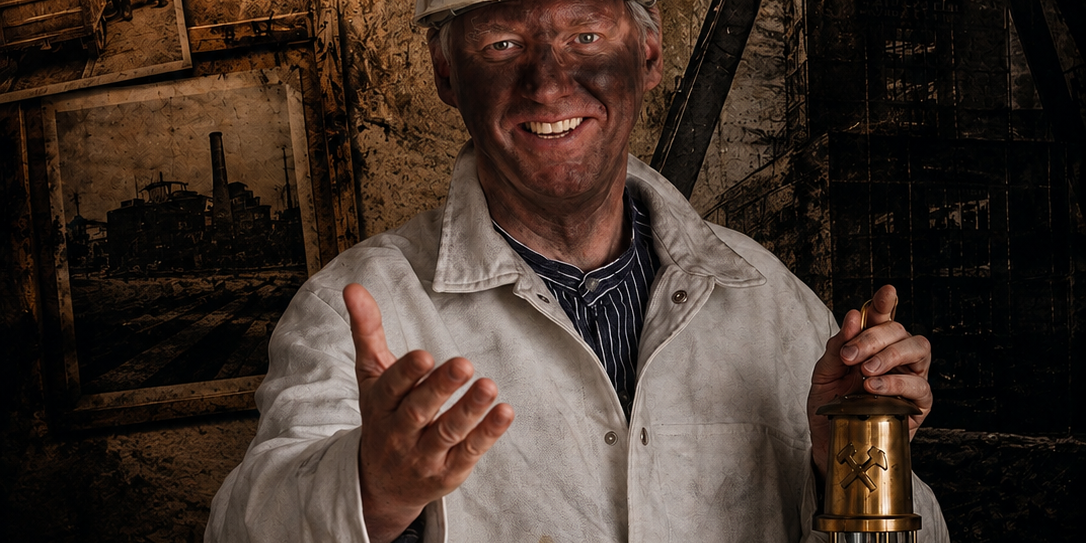 Der Schauspieler Thomas Glup ist verkleidet als Bergmann mit Helm und Grubenlampe in der Hand zu sehen. Um ihn herum stehen alte Artefakte wie ein Telefon mit Wählscheibe, ein Knappenhut, eine Tasse mit der Aufschrift "Glück auf" ein analoger Wecker, eine Zeitschrift und ein altes Kofferradio. Im rechten hinteren Bildrand sieht man einen Zechenturm, mittig über ihm den Schriftzug "Glück auf" und links von ihm alte Bilder mit Bergbaubezug