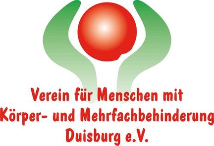 Stilisiertes Bild: Zwei Hände umfassen eine rote Kugel "Verein für Körper- und Mehrfachbehinderung Duisburg e.V."