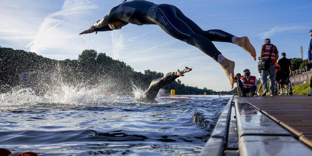 Schwimmer starten mit Hechtsprung ins Wasser der Regattabahn