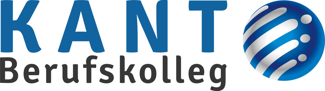 Logo in blau KANT in schwarz Berufskolleg, mit einer blauen Kugel mit weißen Streifen und drei Punkten
