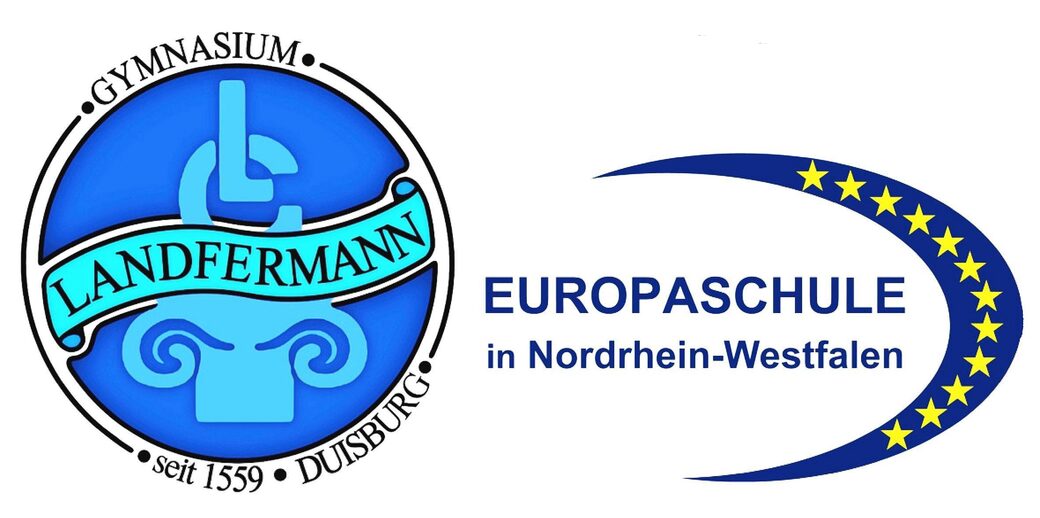 Schulname steht mittig in einem blauen Kreis und der Zusatz Europaschule steht daneben. Rechts davon ein umgedrehter Mond mit gelben Sternen.