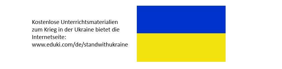 Flagge der Ukraine mit Hinweis zur Verlinkung zu Unterrichtsmaterialien zum Thema Krieg in der Ukraine