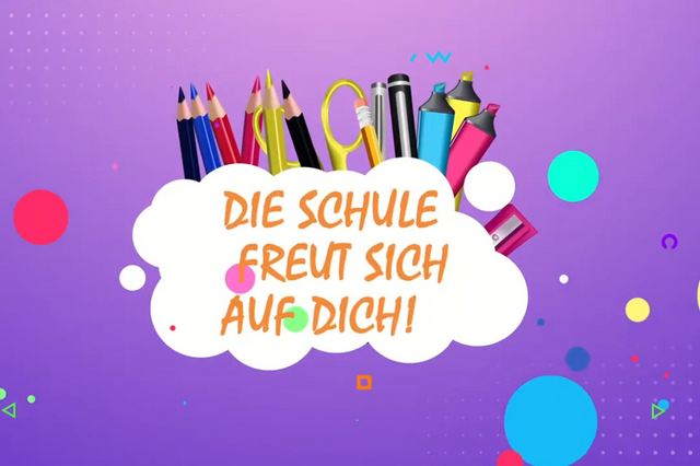 Stifte, bunte Blasen und der Text "Die Schule freut sich auf dich"