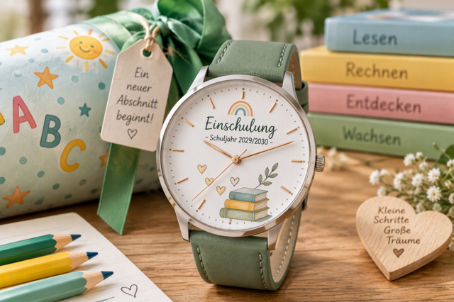 Armbanduhr auf einem Tisch mit Schultüte und Büchern