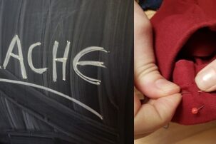 Frau näht, Schild mit dem Wort Sprache