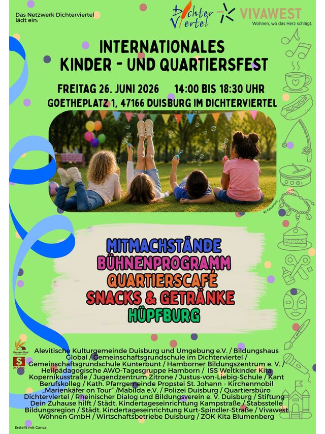 Ankündigung für das Kinderfest am 26.06.26, 14 bis 18:30 Uhr am Goetheplatz im Dichterviertel