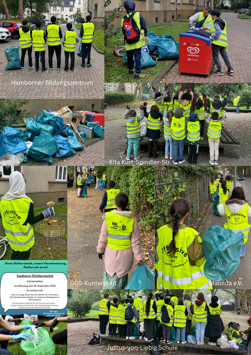 Kinder mit Müllsäcken und Warnwesten