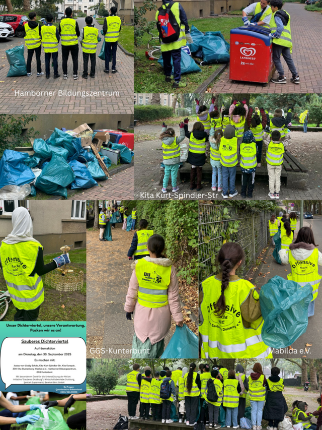 Kinder mit Müllsäcken und Warnwesten