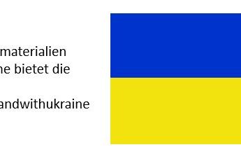 Flagge der Ukraine mit Hinweis zur Verlinkung zu Unterrichtsmaterialien zum Thema Krieg in der Ukraine