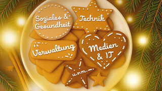 Ein Plätzchenteller mit Berufsbezeichnungen: Soziales und Gesundheit, Technik, Verwaltung, Medien & IT, uvm.