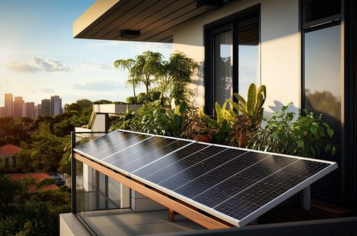 Solaranlage an einem Balkon mit grünen Pflanzen im Hintergrund auf dem Balkon und einer Skyline einer Stadt