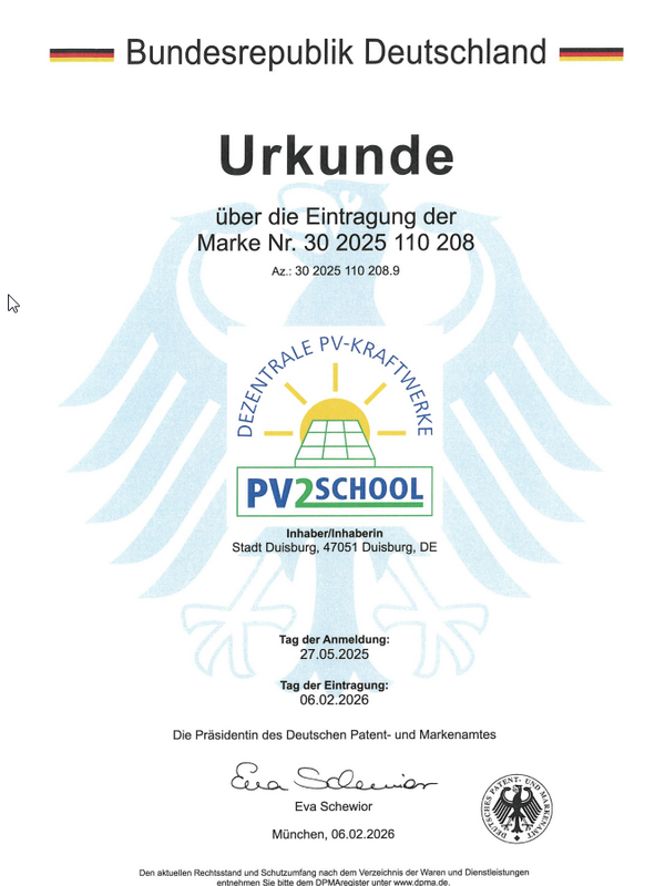 Urkunde über die Eintragung der Marke PV2School