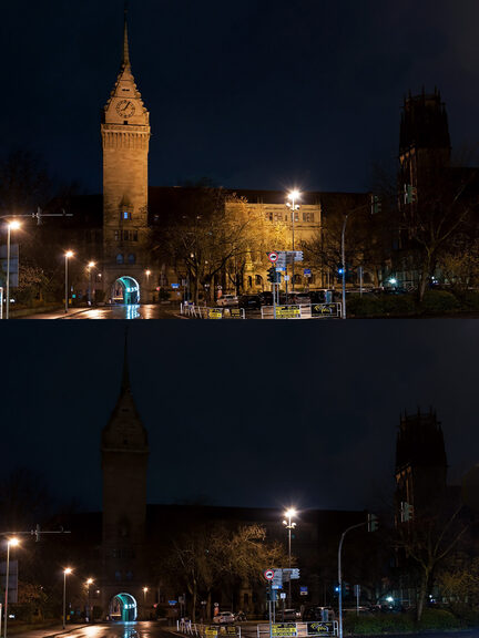 Duisburger Rathaus, oben beleuchtet, unten dunkel