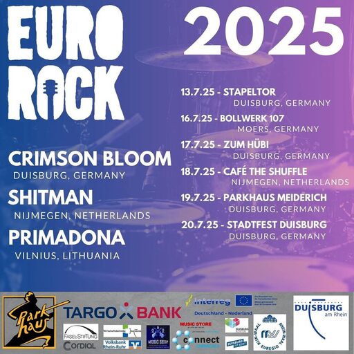 Teilnehmende Bands: Crimson Blue aus Duisburg, Shitman aus Nijmwegen und Primadona aus Vilnius.