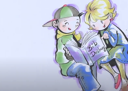 Zeichnung von lesender Frau mit Kind
