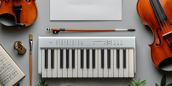 Ein kreativer Aufbau mit einer Gitarre, einer Geige und Klaviertasten, umgeben von Notenblättern und Kunstwerkzeugen, ein klarer unterer Bannerbereich für Text, perfekt für die Werbung für Schulmusik- und Kunstveranstaltungen --ar 16:9 --v 6.