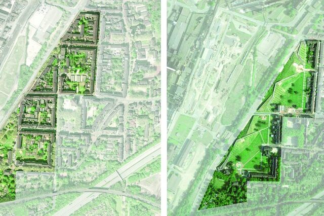 links: Luftbild vor 2012; rechts: Luftbild nach 2015