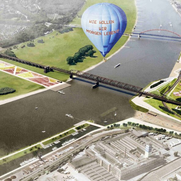 Computergrafik mit Rhein und Heißluftballon (Aufschrift "Wie wollen wir morgen leben?")