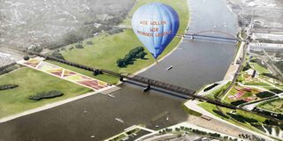 Computergrafik mit Rhein und Heißluftballon (Aufschrift "Wie wollen wir morgen leben?")