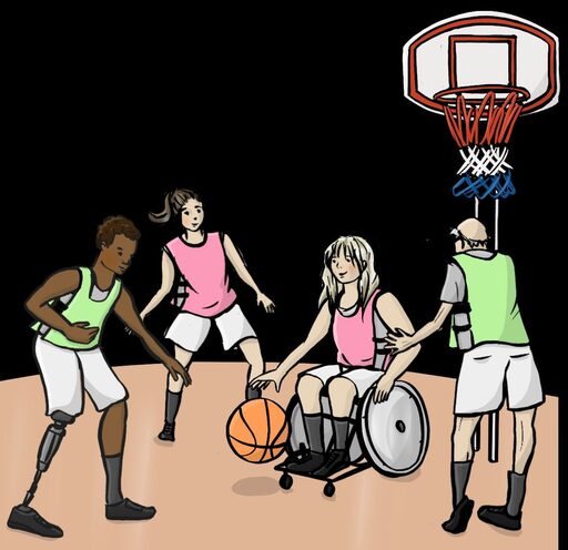 Menschen mit unterschiedlichen Beeinträchtigungen/Behinderungen spielen Basketball