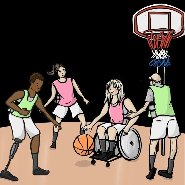 Menschen mit unterschiedlichen Beeinträchtigungen/Behinderungen spielen Basketball