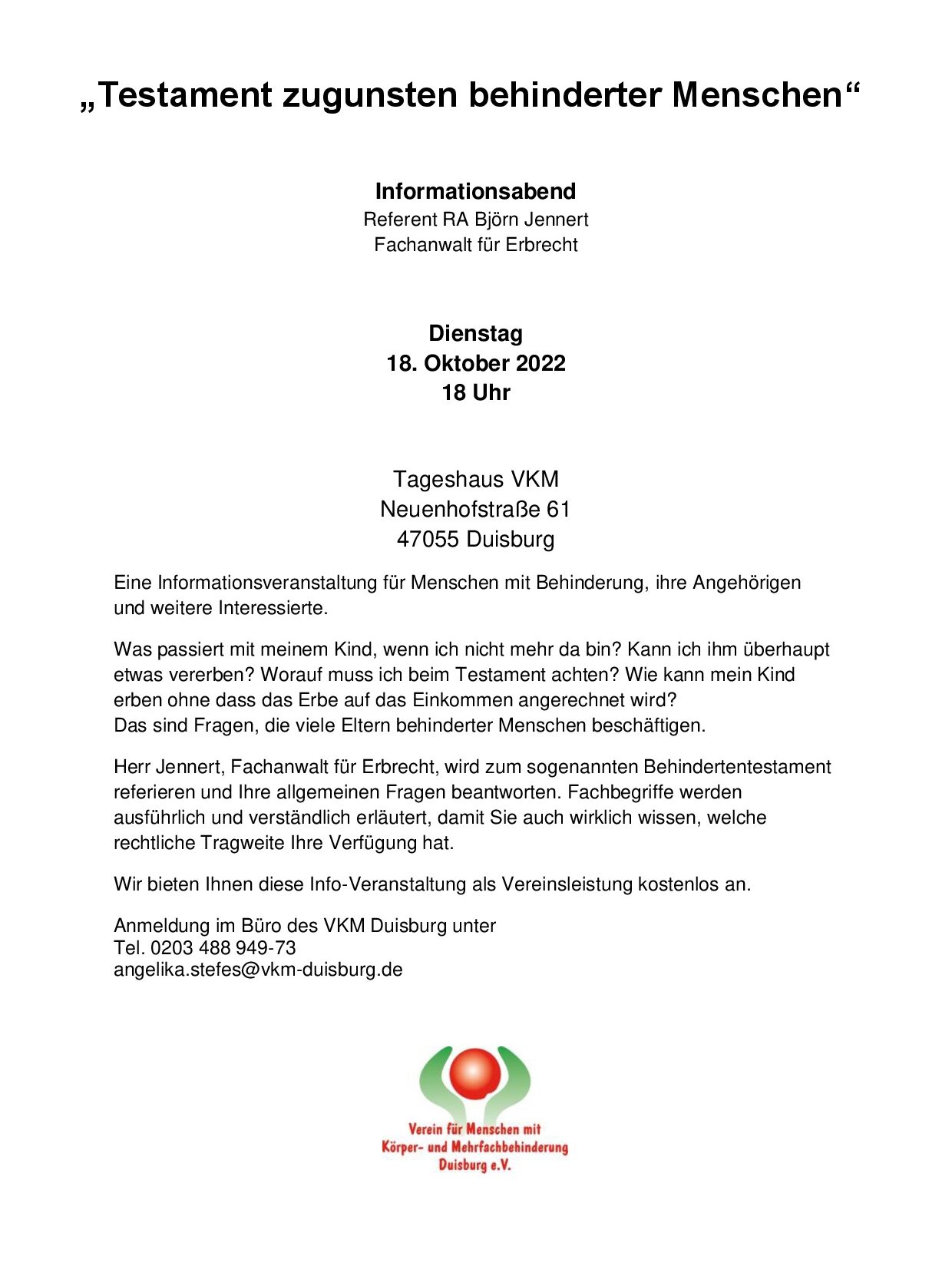Einladung Infoabend Testament zugunsten behinderter Menschen