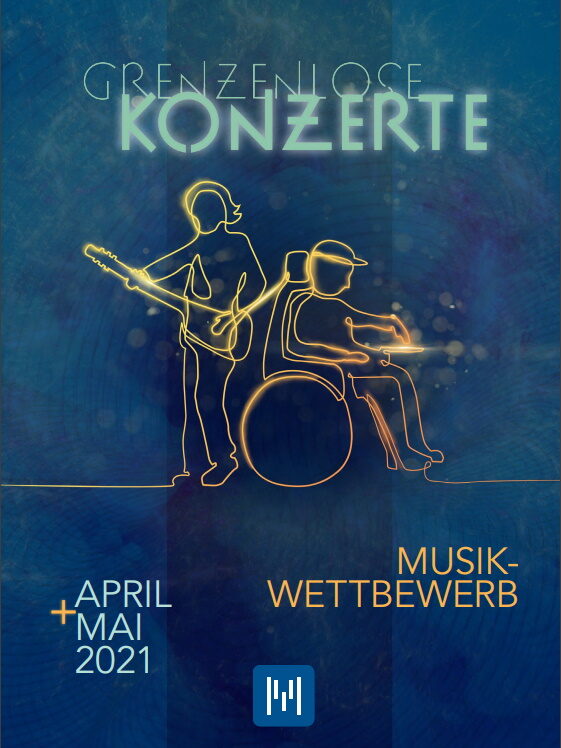 Deckblatt Flyer, eine stehende Person und eine Person im Rollstuhl spielen auf Instrumenten