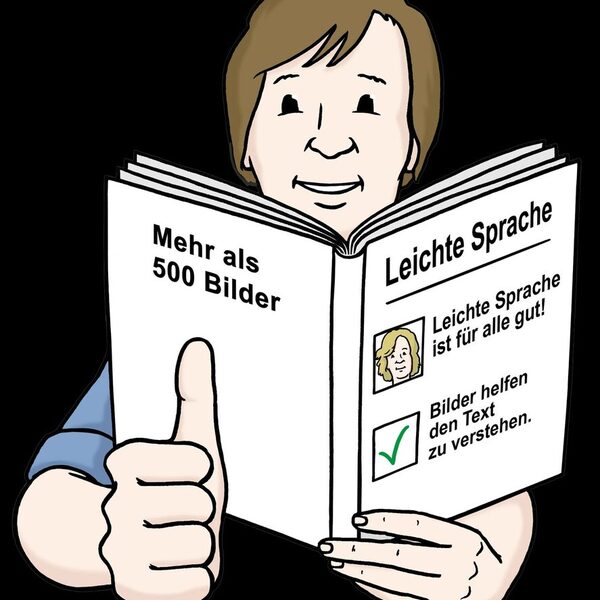 Man sieht das Logo für die Leichte Sprache. Ein Mann hält ein Buch in der Hand und er streckt den rechten Daumen hoch.