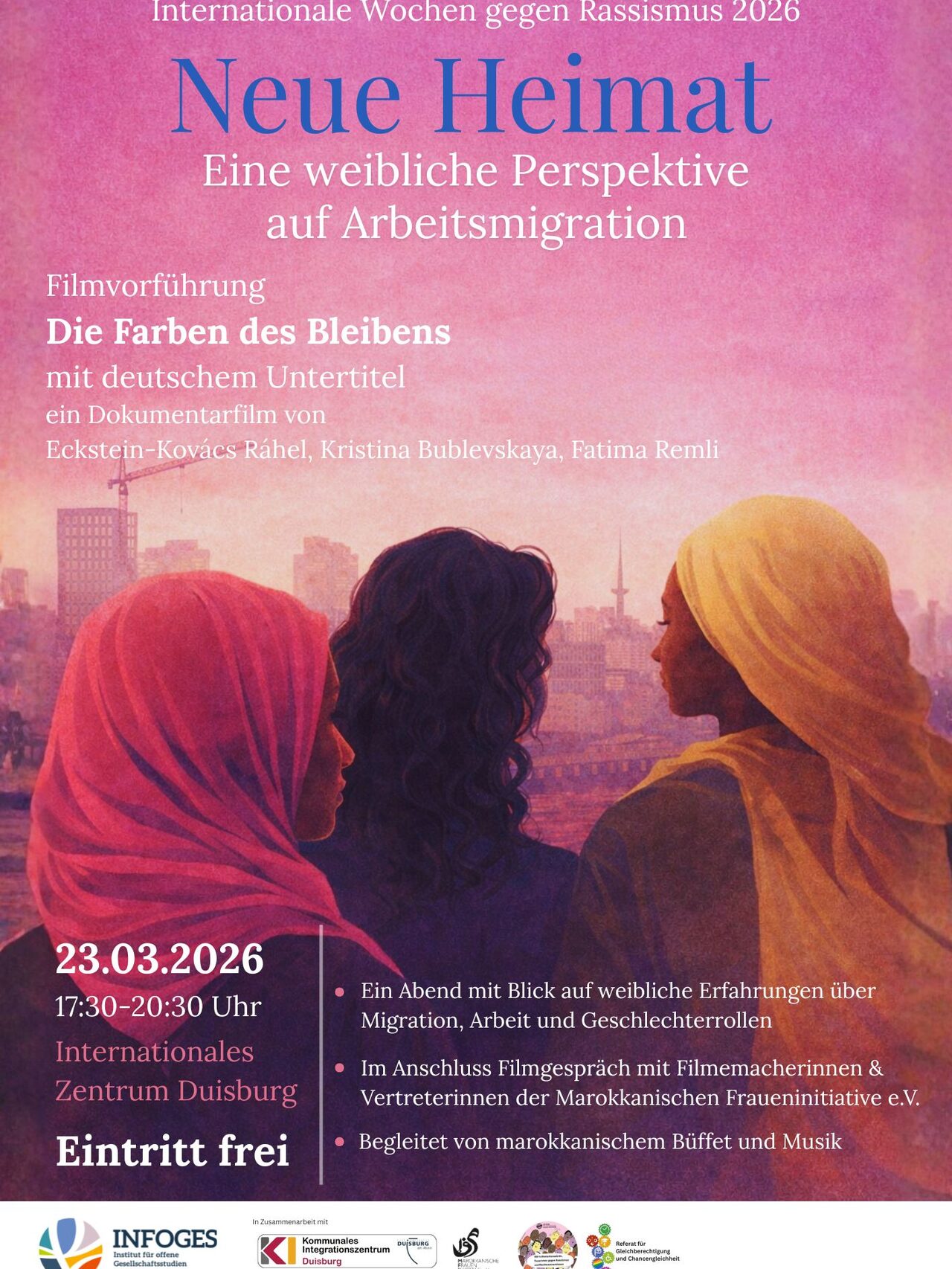 Plakat Filmvorführung Die Farben des Bleibens am 23.03.26 von 17:30-20:30 Uhr im IZ Duisburg