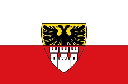 Das Wappen von Duisburg, Schwarzer Doppeladler über Burg mit 3 Türmen