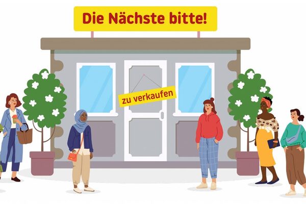 Frauen stehen vor einem Geschäft auf dem "zu verkaufen" steht