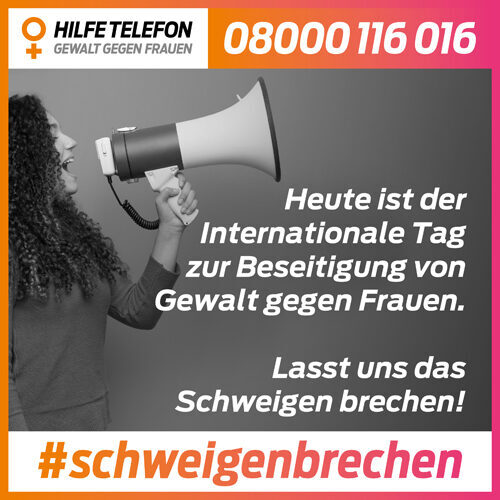 Dunkler Hintergrund, Vordergrund Frau mit Megafon, Hilfetelefon 08000116016