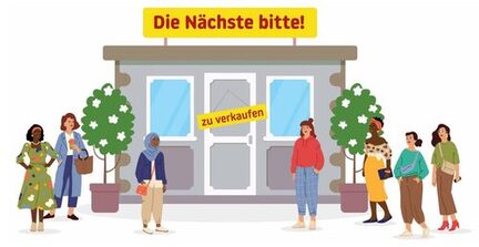 Frauen stehen vor einem Geschäft auf dem "zu verkaufen" steht