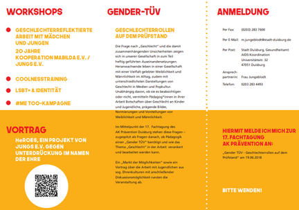 Flyer zur 17. Fachtagung "Gender-TÜV Geschlechterrollen auf dem Prüfstand"