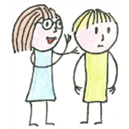 Gezeichnetes Mädchen spricht mit gezeichnetem Jungen.