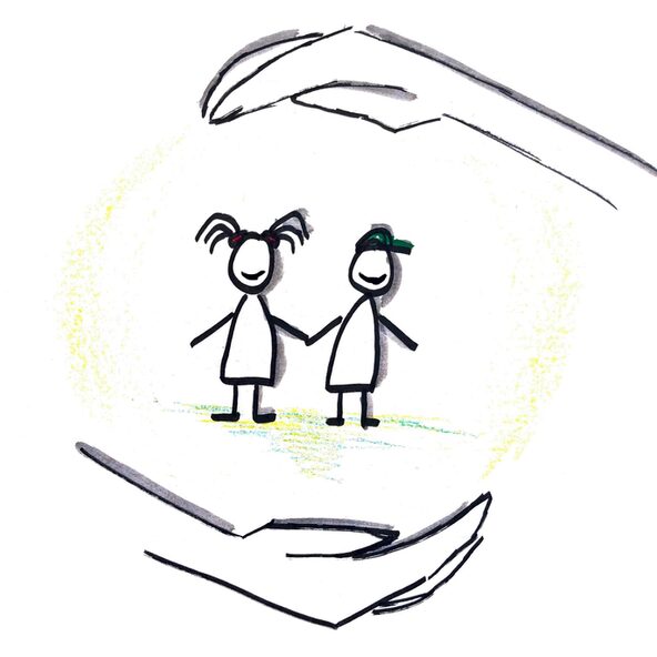 zwei Strichfigürchen (Junge/ Mädchen), darüber je eine Hand