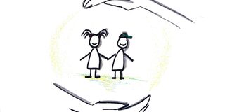 zwei Strichfigürchen (Junge/ Mädchen), darüber je eine Hand