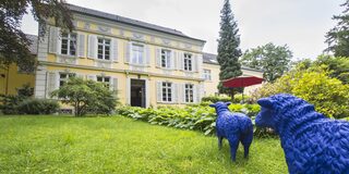 Ansicht mit Garten und blauen Schafen - der Schauenhof