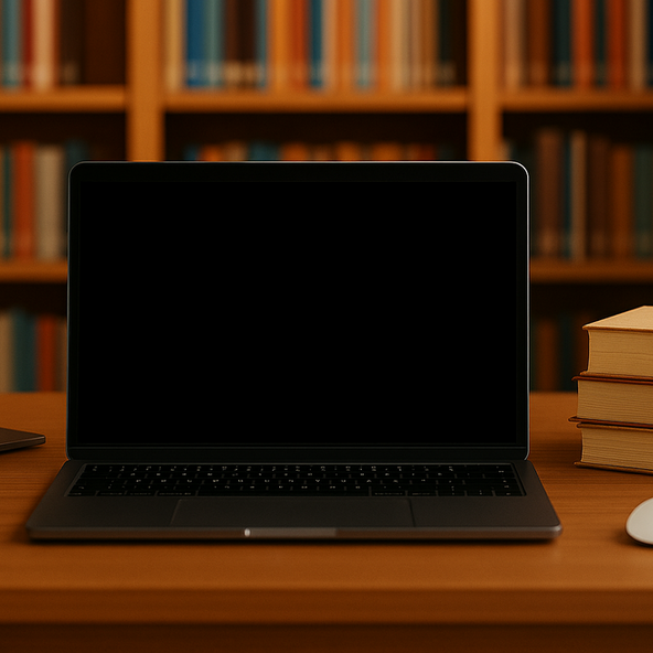 Ein Laptop vor einem Bücherregal