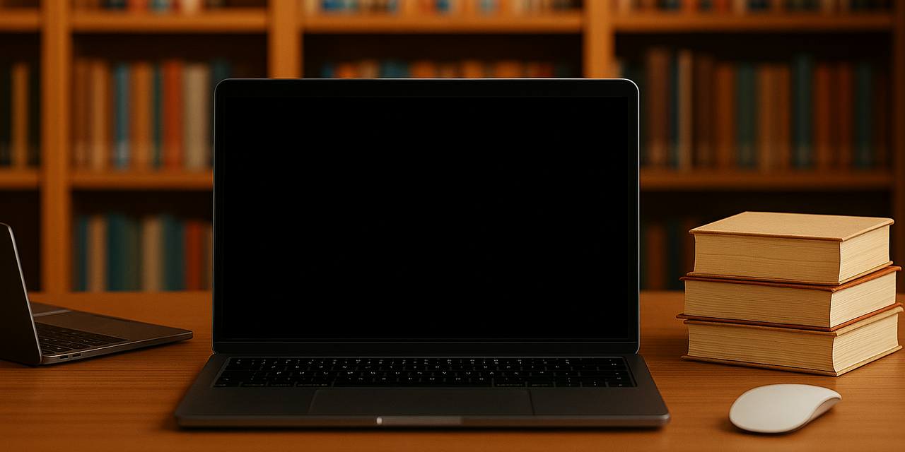 Ein Laptop vor einem Bücherregal