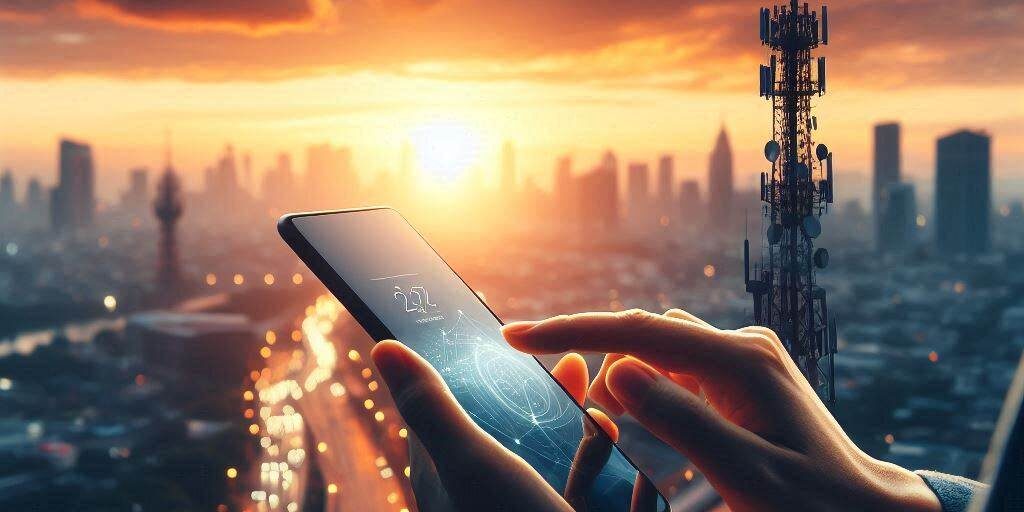 Im Hintergrund: große Stadt mit Mobilfunkmast. Im Vordergrund Person mit Handy in der Hand
