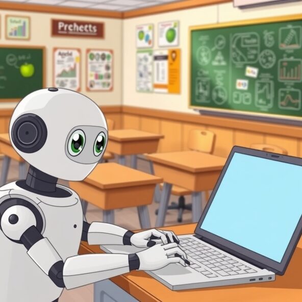 Roboter vor einem Laptop in einem Klassenzimmer