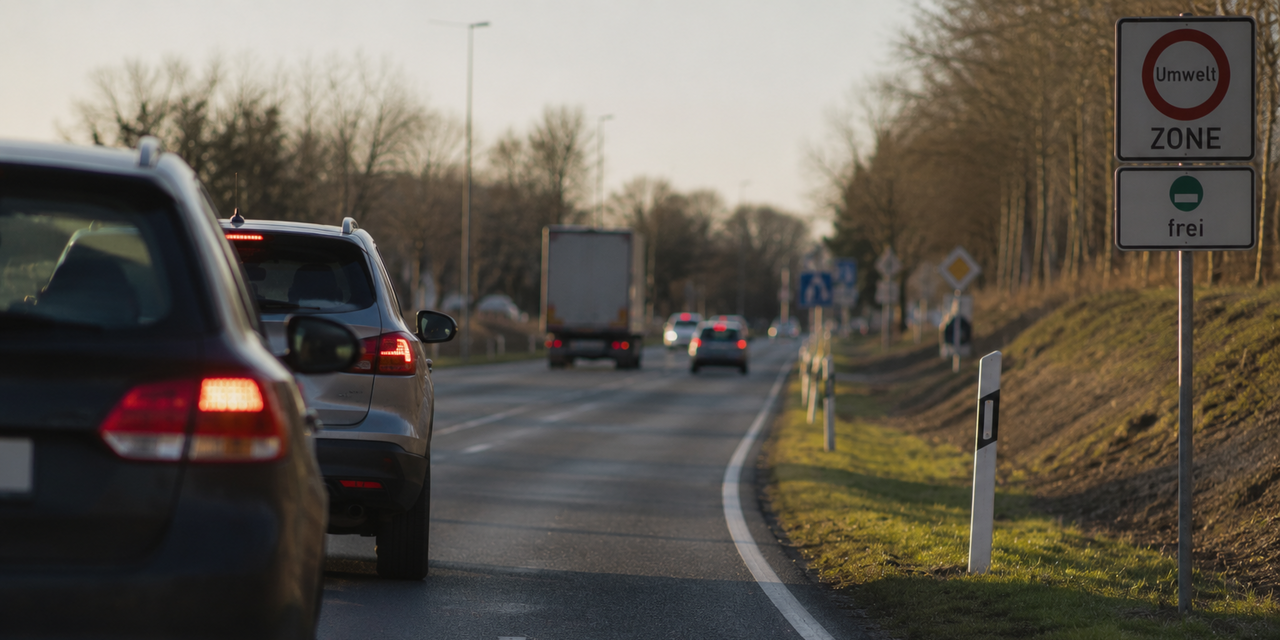 Straßenverkehr mit Umweltzone-Schild am Rand