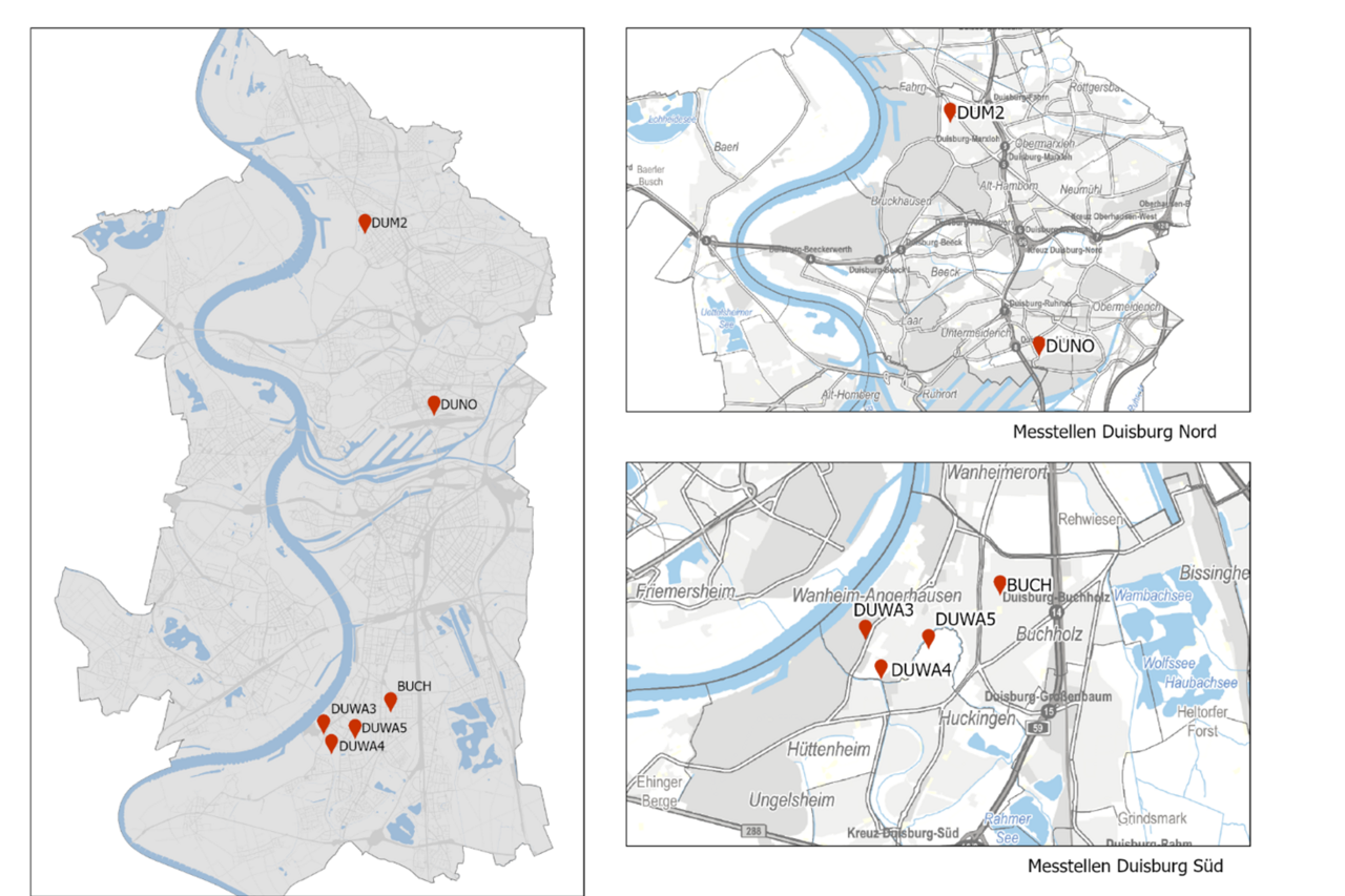 Eine Karte mit den gekennzeichneten Messstellen in Duisburg