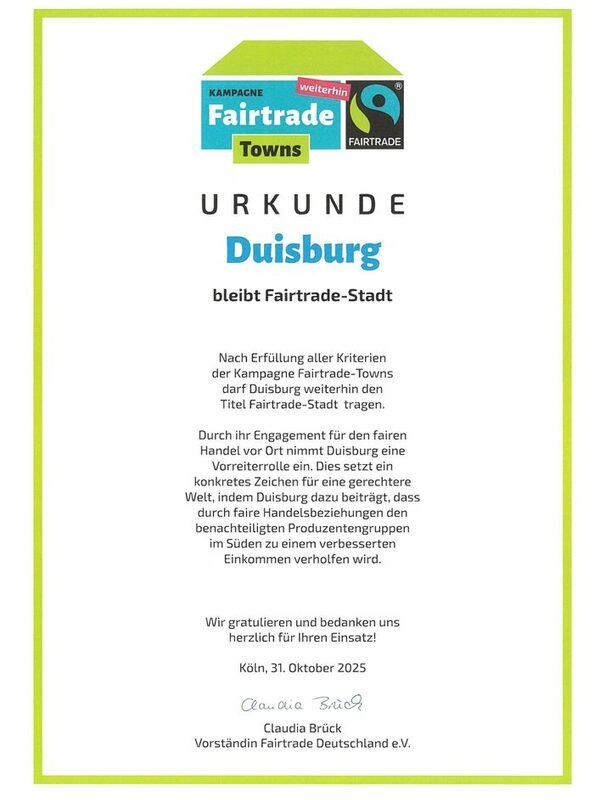 Titelerneuerung Fairtrade-Stadt Duisburg