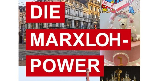 Buch Cover "Die Marxloh-Power": im Hintergrund ein Häusereck, eine Zeichnung der U-Bahn, eine Torte mit Teddy, ein Indurstriefoto, ein Foto von Brautkleidern, darauf in weißen Großbuchstaben "DIE MARXLOH-POWER" rot hinterlegt