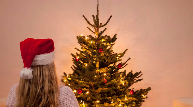 im Hintergrund ein geschmückter und leuchtender Christbaum, davor von hinten eine Frau alleine, mit einer roten Weihnachtsmütze und langen blonden Haaren, die auf den Christbaum schaut.